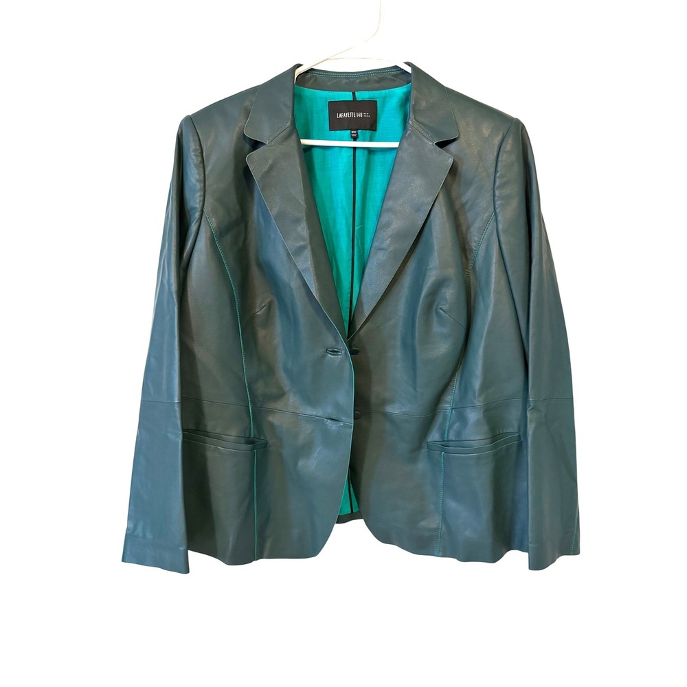 Lafayette 148 New York Teal Leather Blazer Jacket Silk Blend Lining Plus 18W